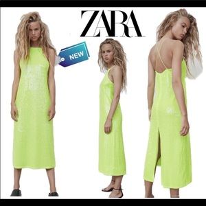 Zara Sequined Lime Green Midi Dress with Slit XS
